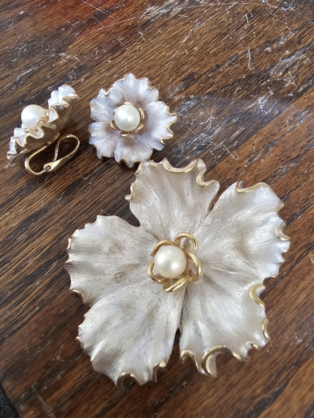 Vintage Gold-Trim Pearl Floral Brooch and Clip-On Earrings Set By Kramer